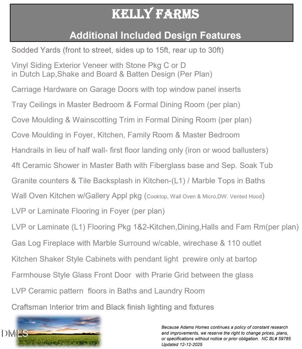 Kelly Farms Feature Sheet - 180 Galway Road, Lillington, NC 27546
