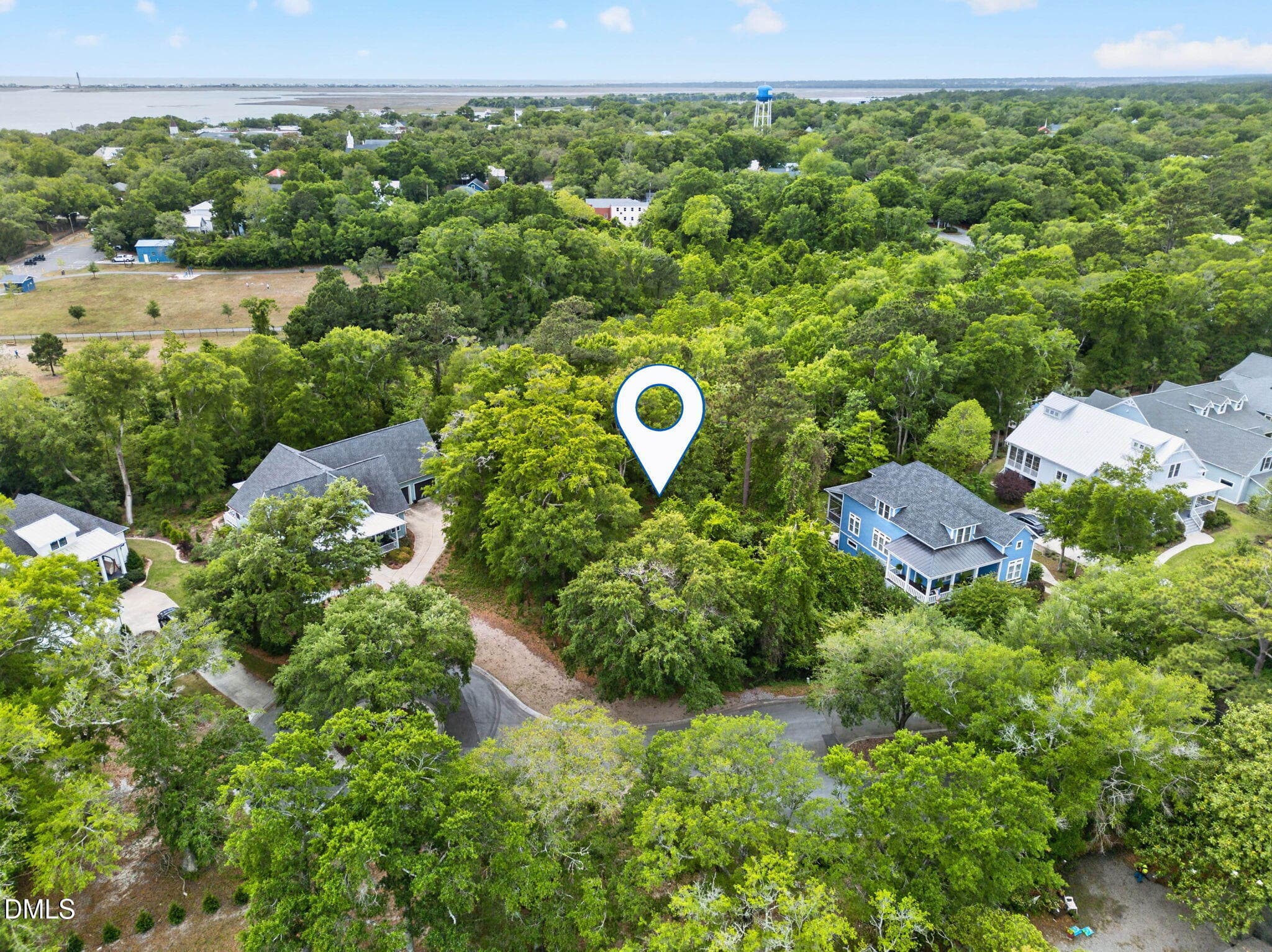 Aerial R Front Corner w Marker - 207 Joshuas Way, Southport, NC 28461, Southport