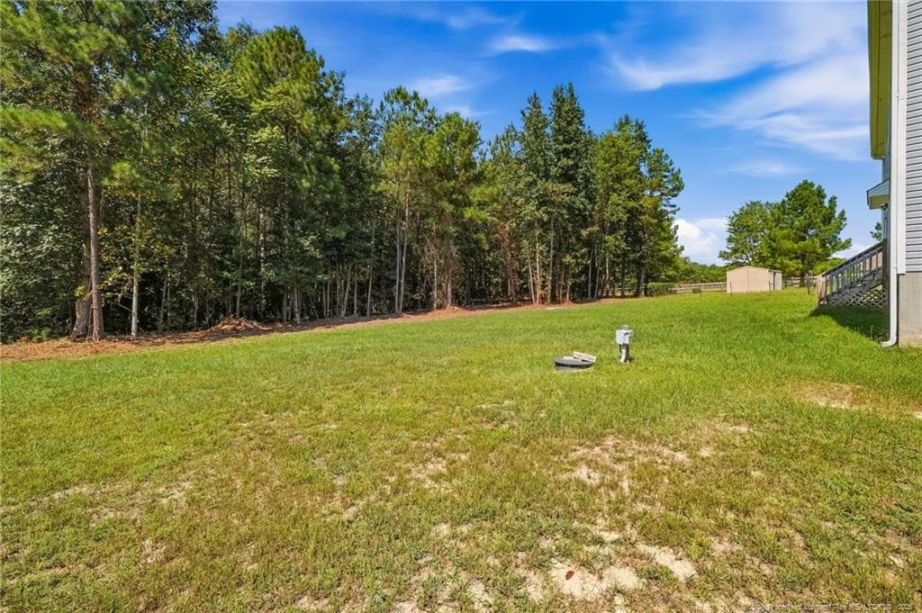 Backyard with view to wooded acreage. - 464 Denny Lane, Carthage, NC 28327