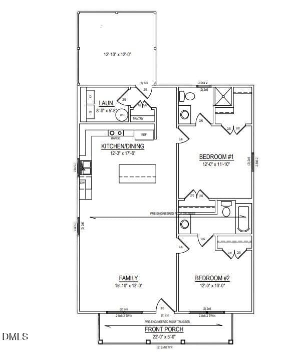 Floor Plan Elm 2 Bed 2 Bath - 178 Jenkins Street, Dunn, NC 28334