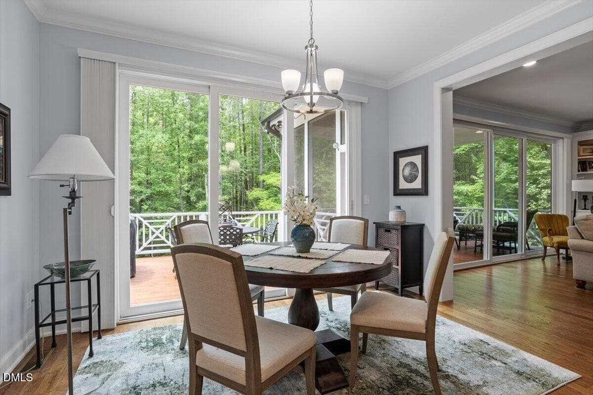 Breakfast area overlooks wooded back yar - 4235 Henderson Place, Pittsboro, NC 27312