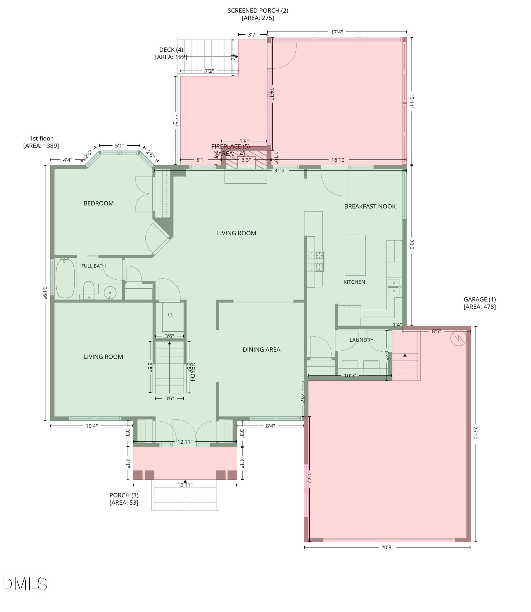 1st Floor Measurements - 4933 Harbour Towne Drive, Raleigh, NC 27604, Raleigh