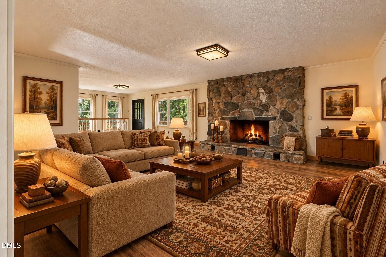 Cozy 1980s Stone Fireplace Living Room - 110 Sycamore Road, Salisbury, NC 28147