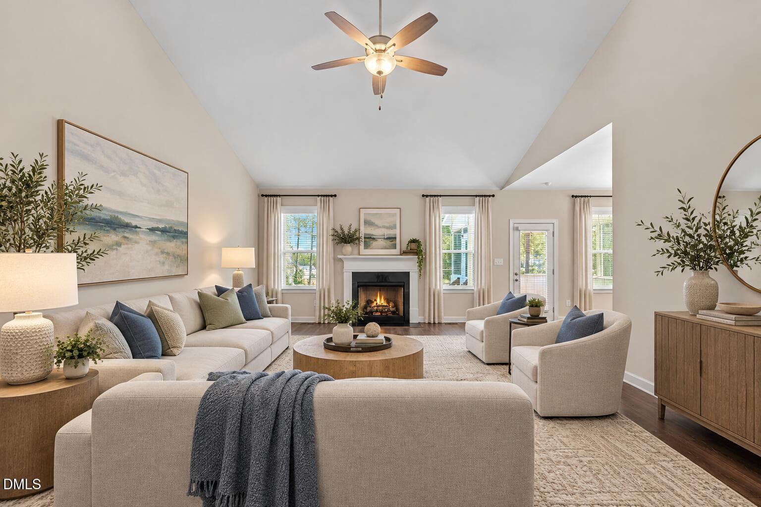 Airy Coastal Living Room with Fireplace - 324 Lasswade Court, Zebulon, NC 27597, Zebulon
