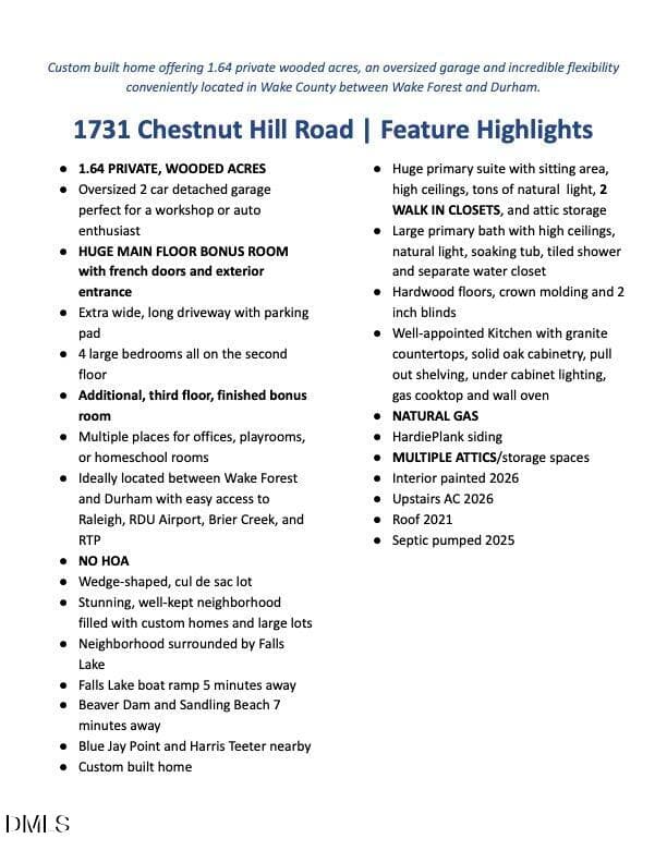 Unbranded Feature List.docx - 1731 Chestnut Hill Road, Wake Forest, NC 27587