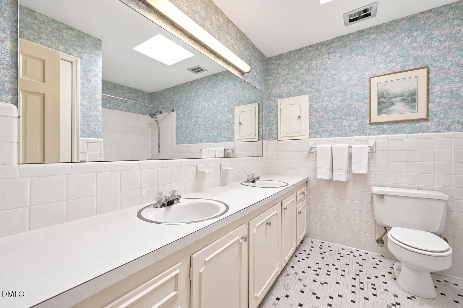 Bright Retro Bathroom with Double Vanity - 212 Ellwood Drive, Raleigh, NC 27609, Raleigh
