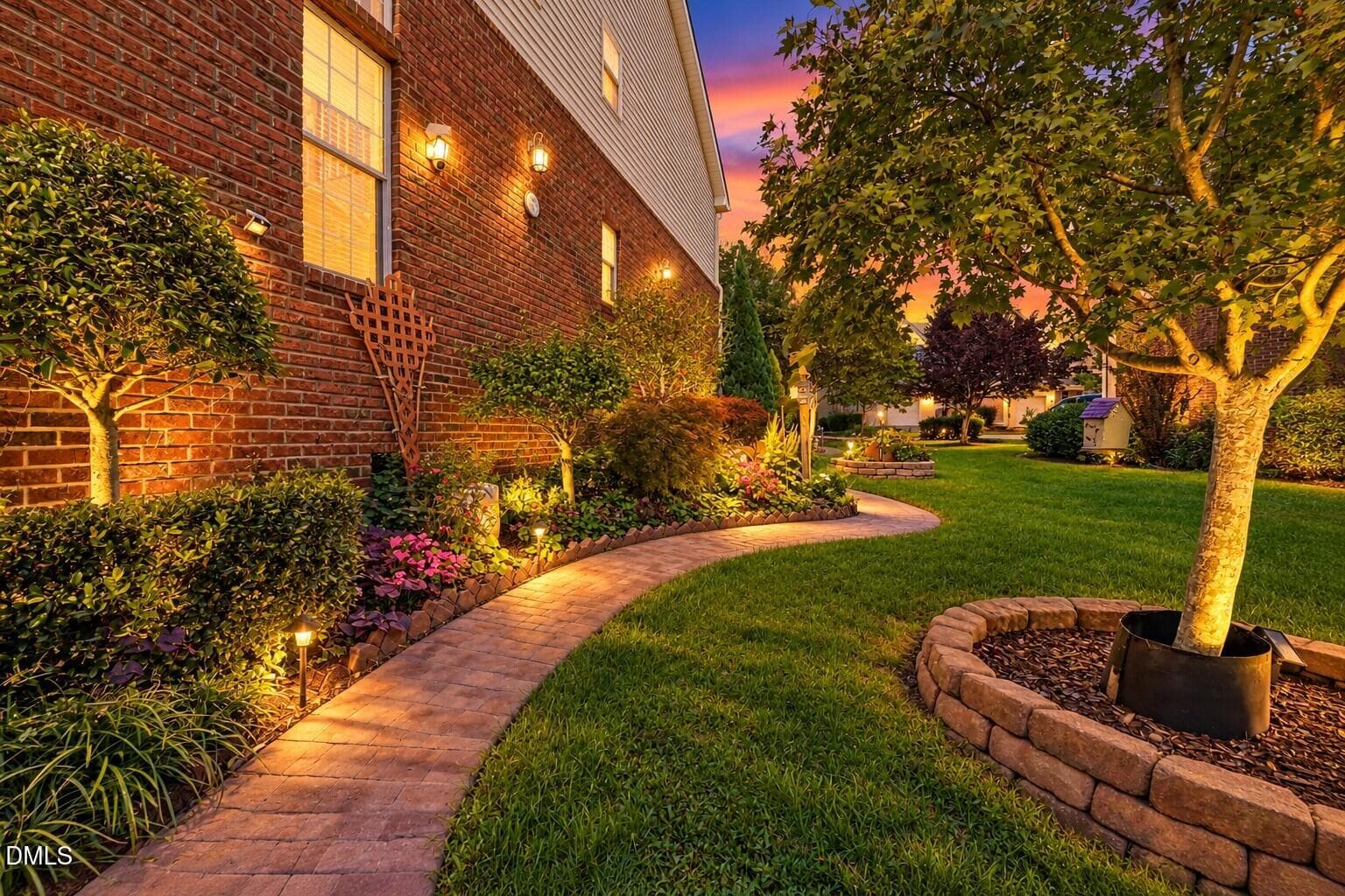 Twilight Garden Pathway Beside Brick Hom - 858 Saratoga Drive, Durham, NC 27704, Durham