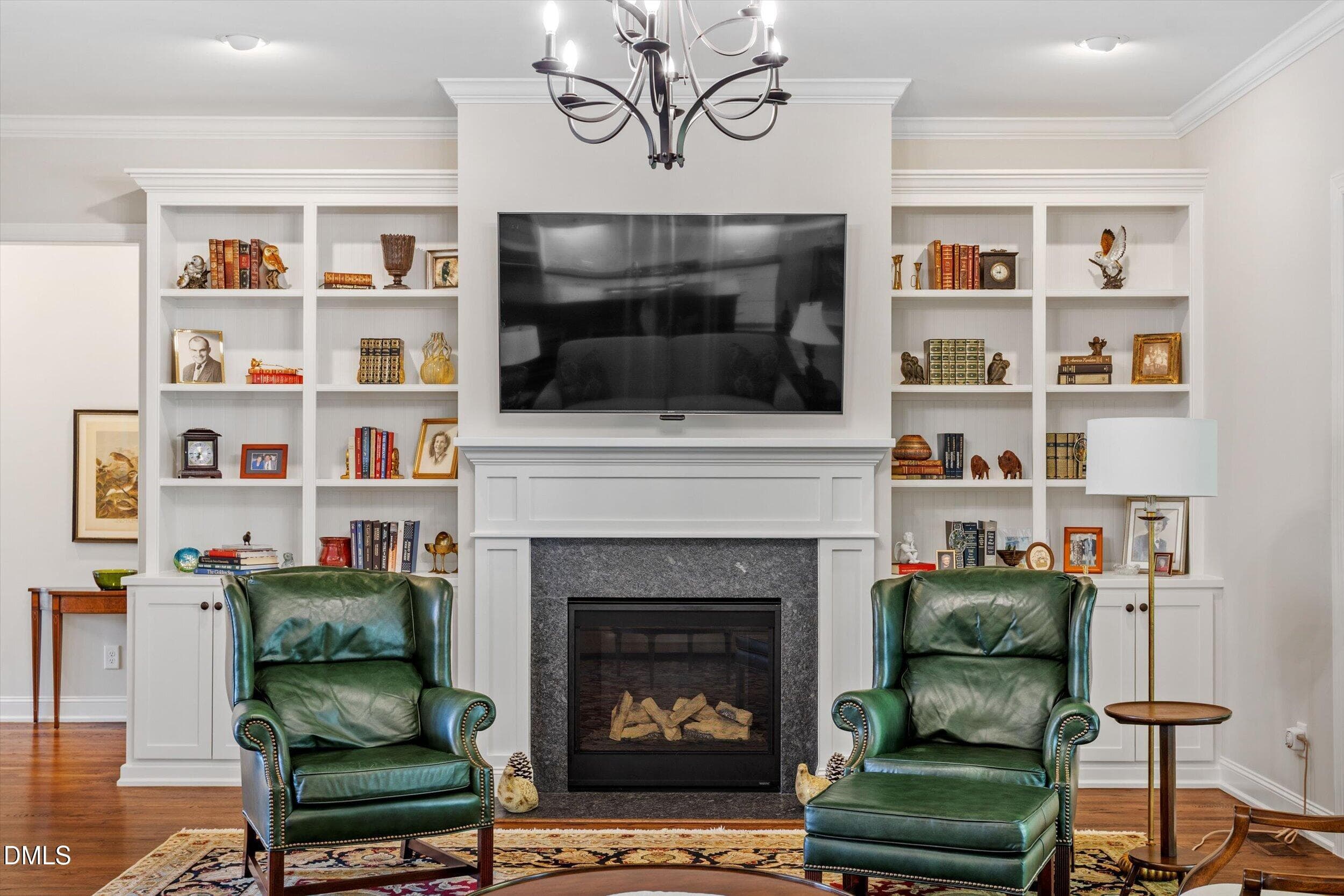 Gas log fireplace and built-in shelving - 4230 Henderson Place, Pittsboro, NC 27312, Pittsboro