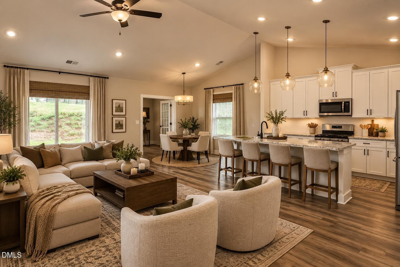 Burton kitchen and living room - 118 Custer Drive, Mebane, NC 27302