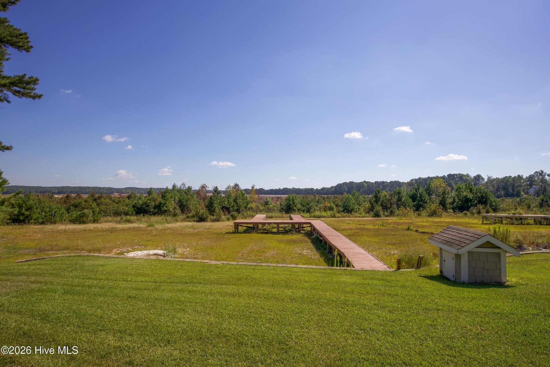 Rear lawn and existing dock with the dry lakebed beyond. - 899 Seagull Drive, Vass, NC 28394