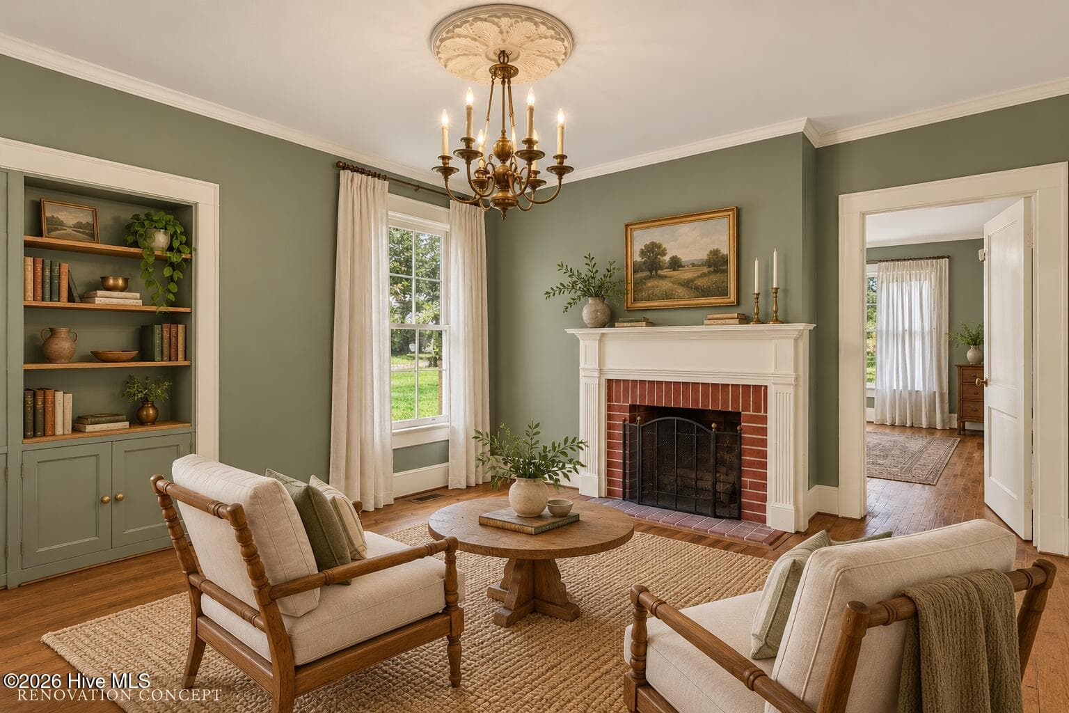Virtual Staging AI, Family Room looking towards the fireplace and front right bedroom - 436 Doctor Robinson Road, Bladenboro, NC 28320