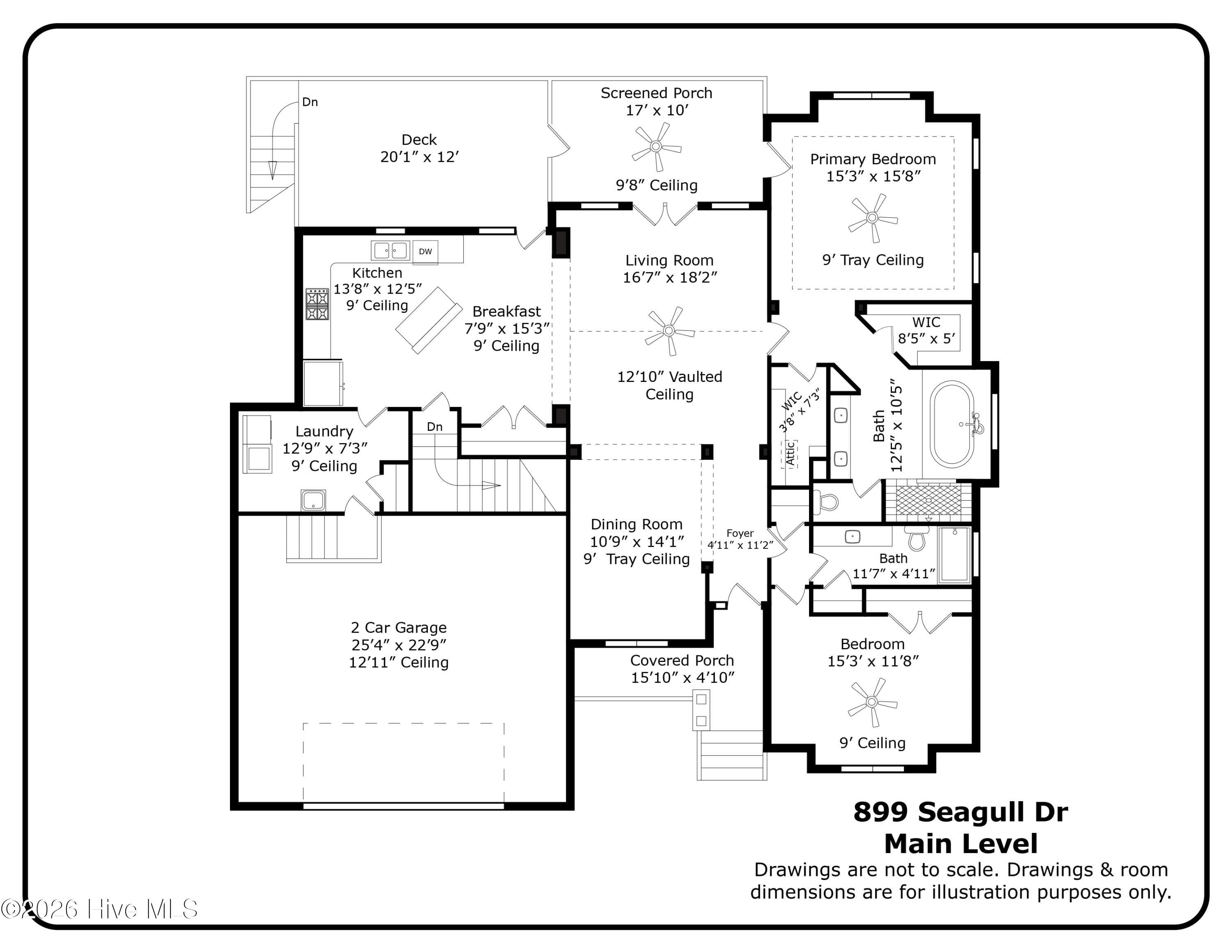Main level floor plan. Drawings are not to scale and are for illustration only. - 899 Seagull Drive, Vass, NC 28394, Vass