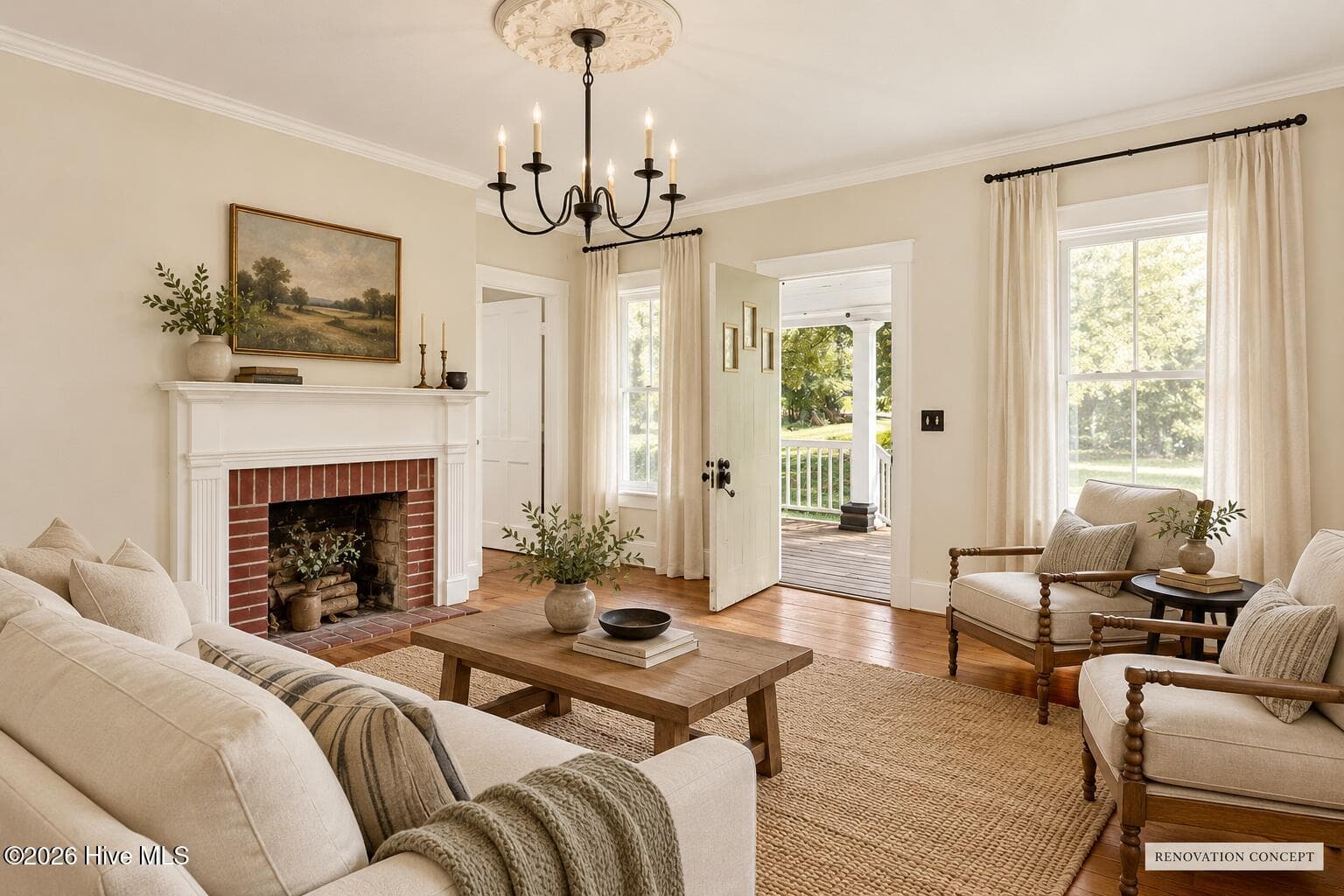 Virtual Staging AI, Family Room looking towards the front door - 436 Doctor Robinson Road, Bladenboro, NC 28320