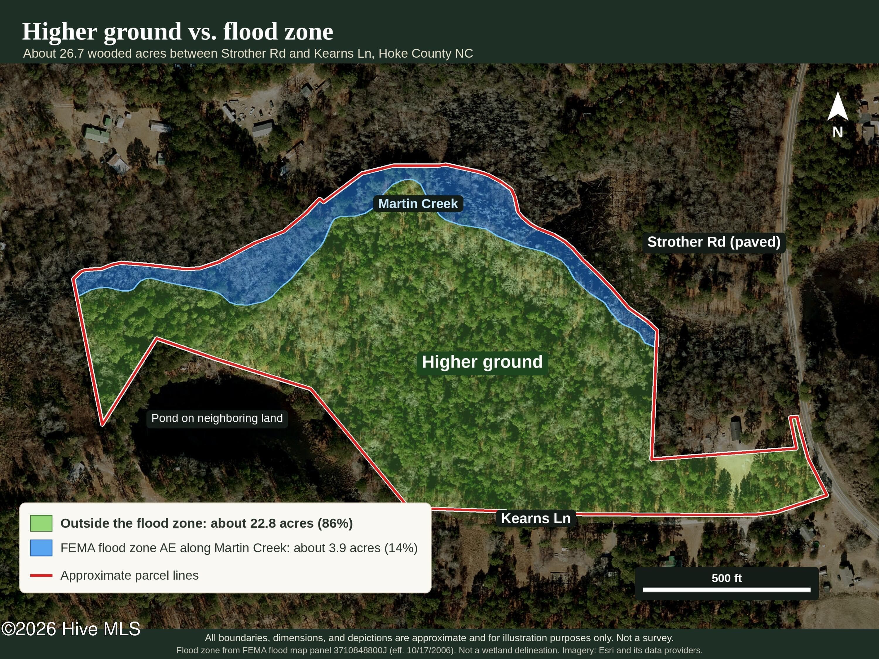 Map of the land: about 22.8 acres sit outside the FEMA flood zone, with about 3.9 acres of flood zone AE along Martin Creek on the back line. Approximate lines from county GIS and FEMA; not a survey. - 00-00 Strother Road, Aberdeen, NC 28315