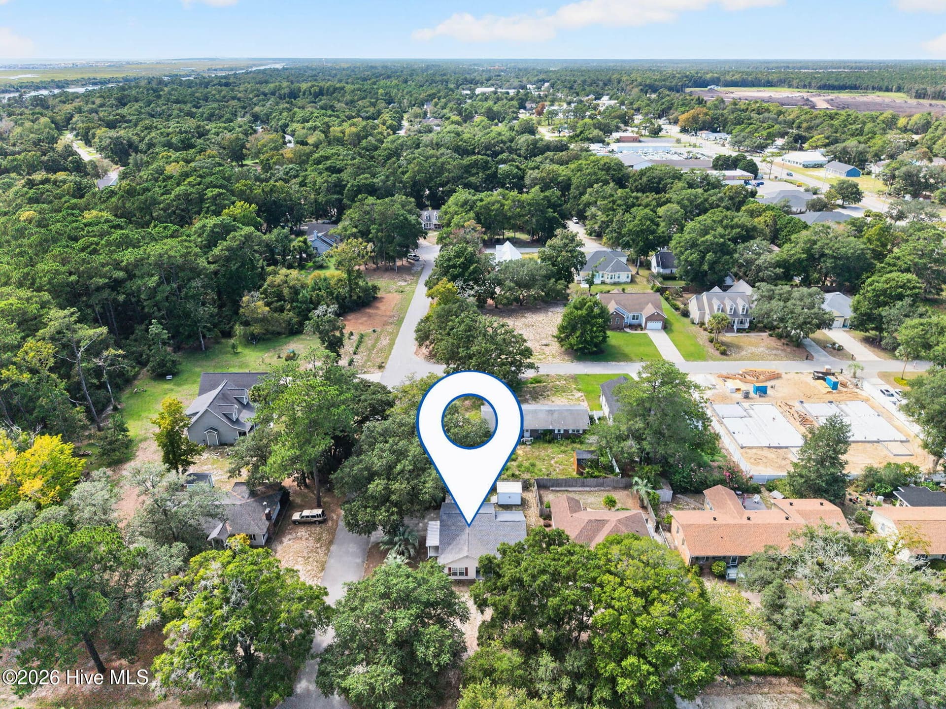 Aerial view highlighting 1650 Frink Street SW and its convenient mainland location near Ocean Isle Beach. - 1650 Frink Street SW, Ocean Isle Beach, NC 28469
