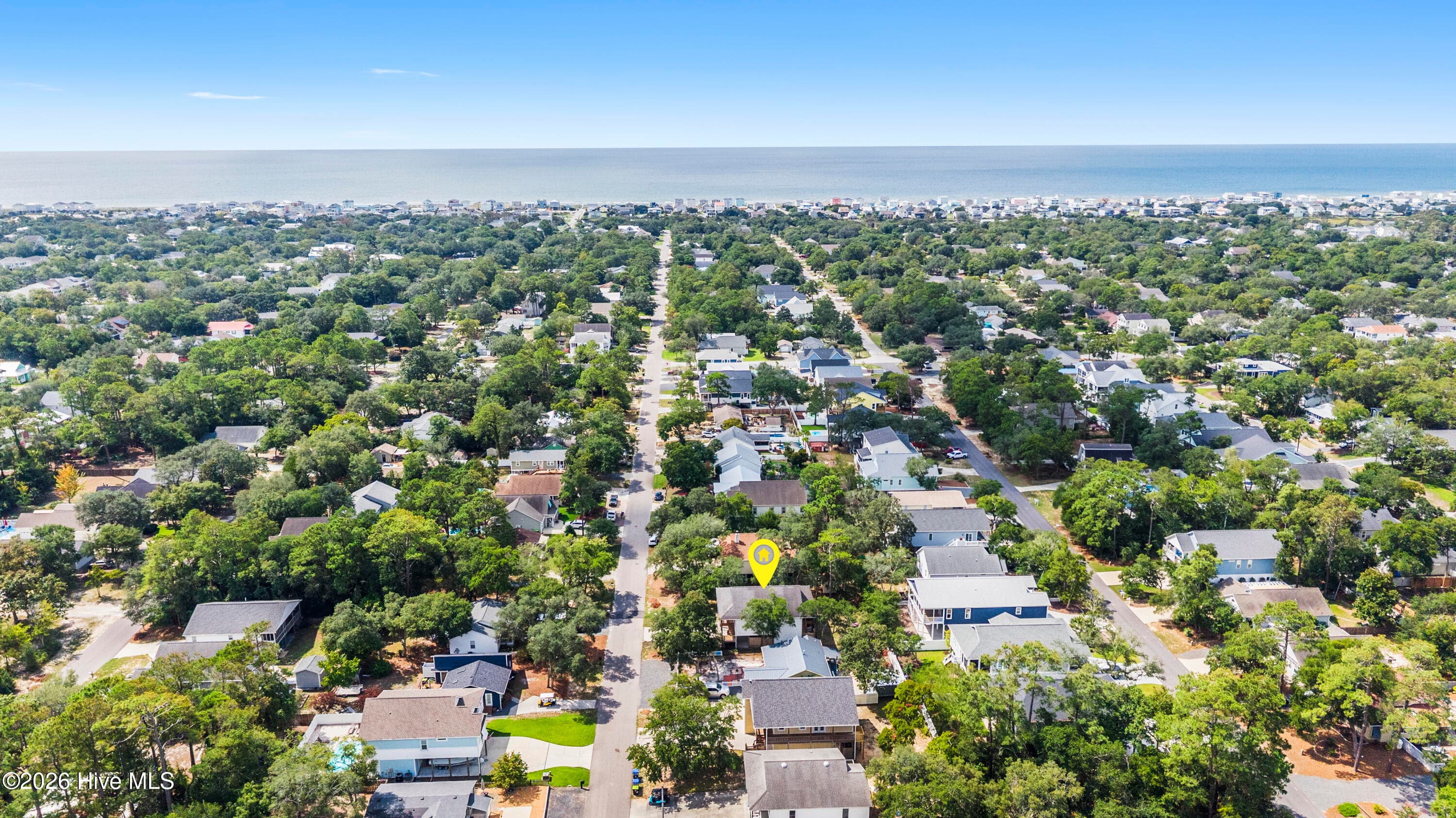 Looking southward toward the Atlantic Ocean -- Property's approximate location is tagged with a yellow pin - 225 NE 39th Street, Oak Island, NC 28465