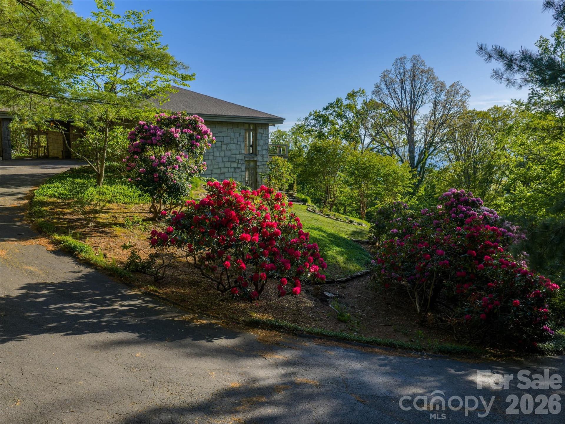 The winding drive rises gently toward the welcoming porte cochere. - 65 Crestwood Road, Asheville