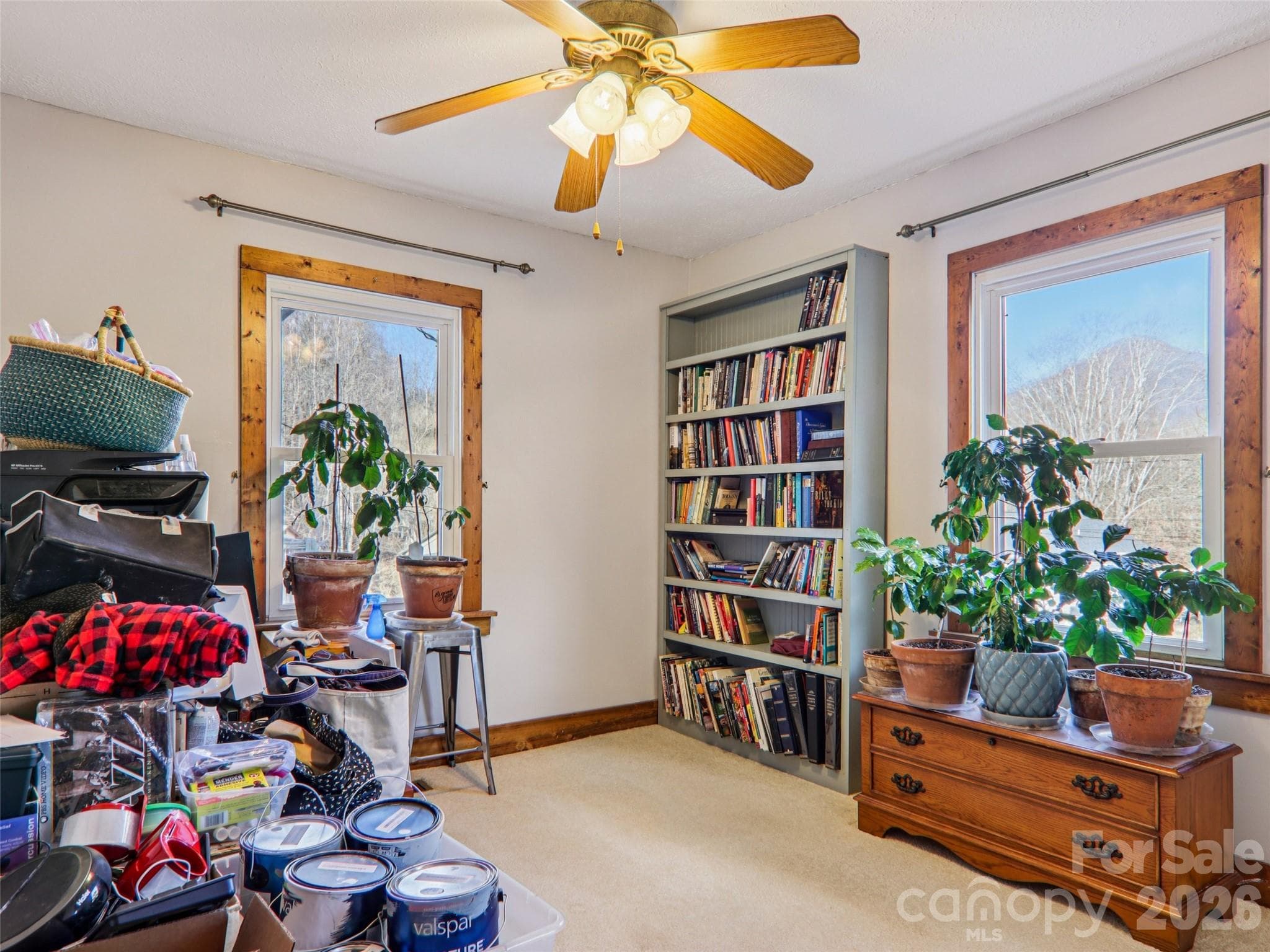 Bedroom 2 with ceiling fan, carpeted flooring, and two windows providing natural light - 7 Landon Mountain Lane, Weaverville