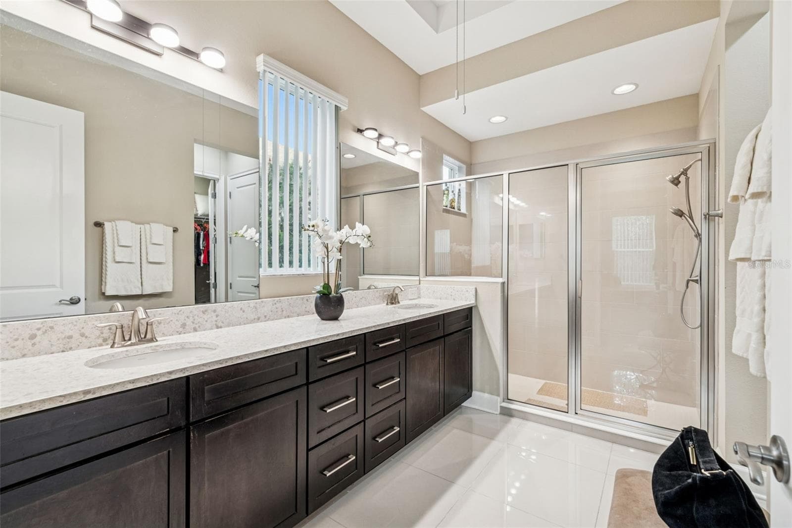 Primary en-suite bath with dual sinks, generous counter space, an oversized walk-in shower and plentiful storage. - 4155 BARLETTA CT, WESLEY CHAPEL