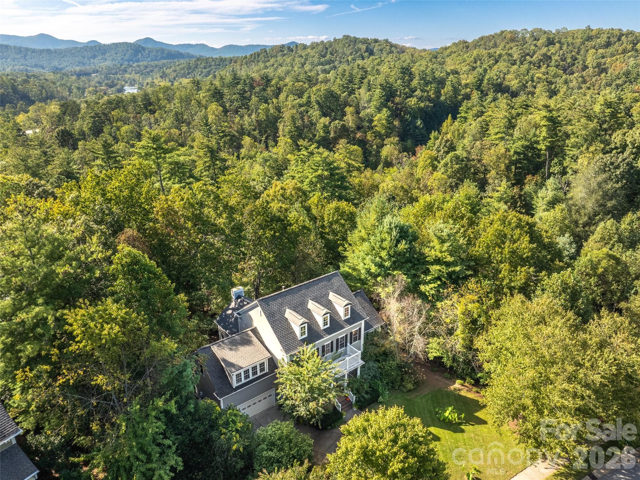 An aerial perspective showcases this home's private, tree-lined setting with the distant mountains offering seclusion and beauty. - Asheville