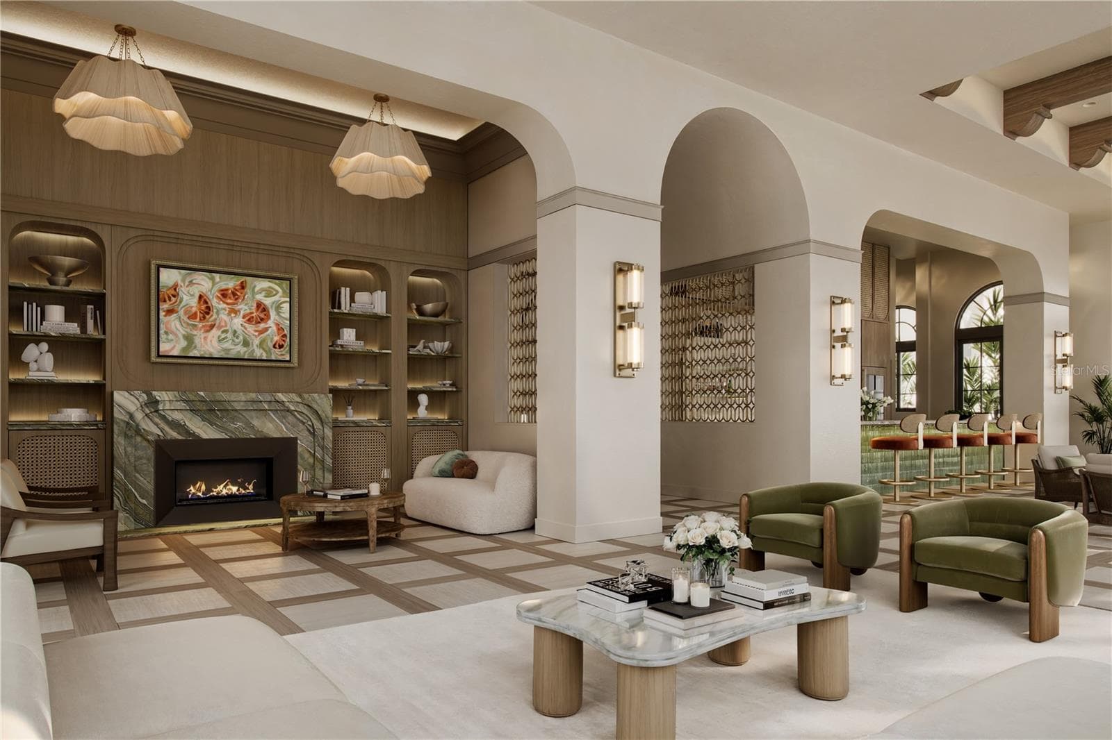 Owner’s Lounge featuring an elegant gathering space centered around a statement fireplace. - 65 S PALM AVE #1001, SARASOTA