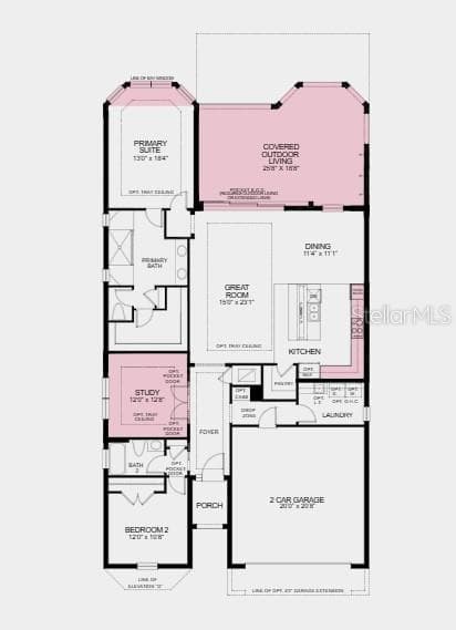 Floor Plan - Additional Highlights Include: tray ceiling package, 4' garage extension, pocket sliding glass door in the great room, wood plank flooring extended into the primary suite and closet, 8' interior doors, and outdoor kitchen rough-in - 30175 IMPERATI BLVD, WESLEY CHAPEL