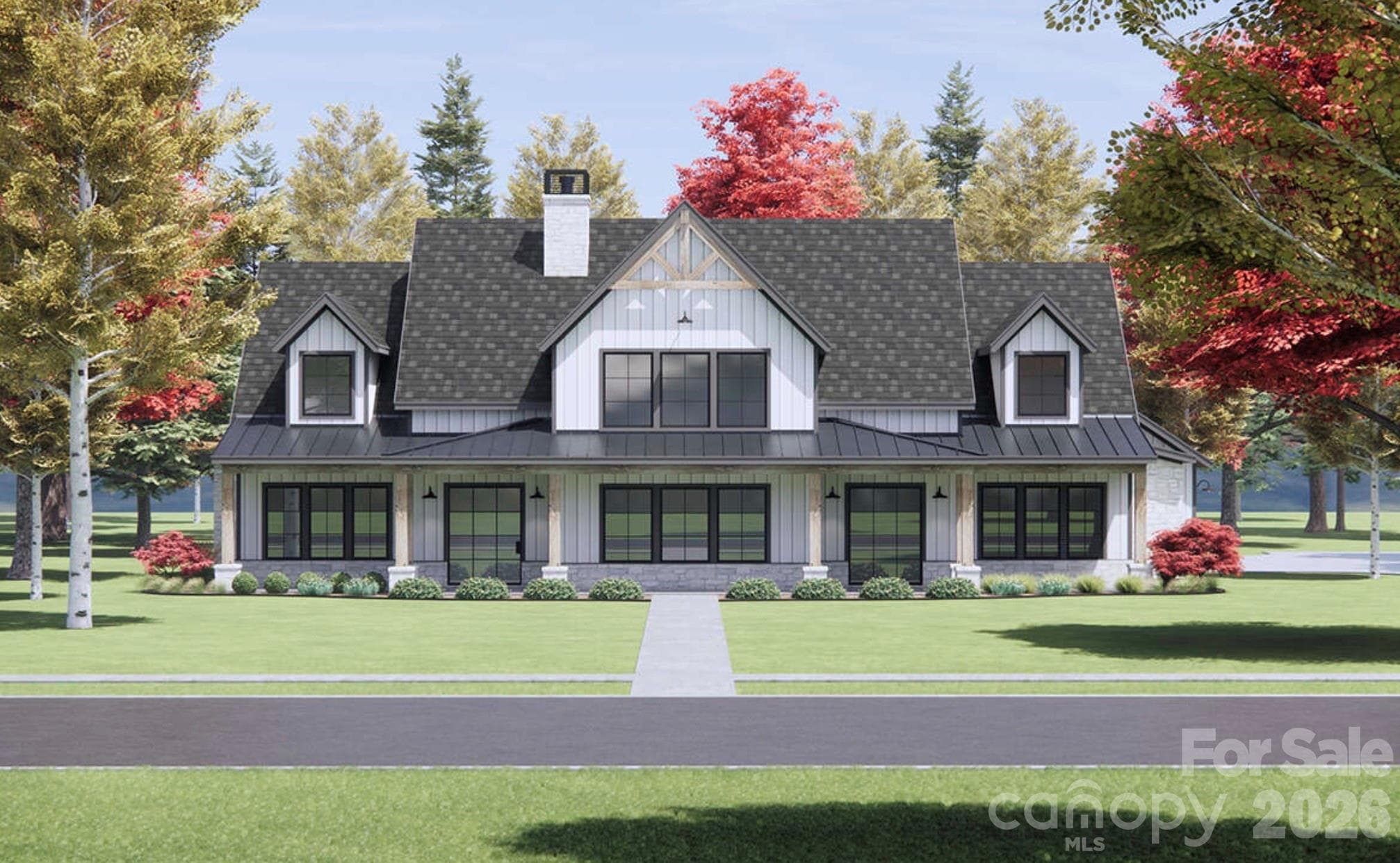 Proposed 2-story modern farmhouse features a symmetrical facade with clean lines and a welcoming, classic aesthetic. - Waxhaw