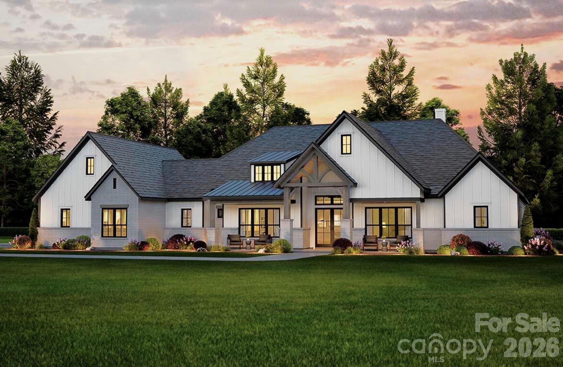 This stunning modern farmhouse features a crisp white exterior with board-and-batten siding, contrasting dark trim, and a welcoming covered front porch accented by timber beams and brick columns. - Waxhaw