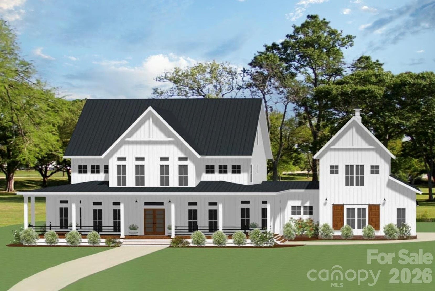 Stunning modern farmhouse features crisp white board-and-batten siding, a sleek black metal roof, charming wood-accented double doors. Full-front porch/expansive windows offer seamless indoor-outdoor living! - Waxhaw