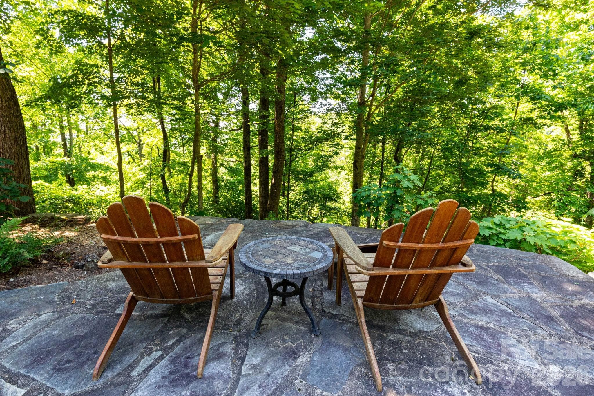 Private stone sitting area tucked into the natural landscape, offering a peaceful retreat surrounded by mature trees and the soothing beauty of nature. - 29 Gardner Drive, Asheville