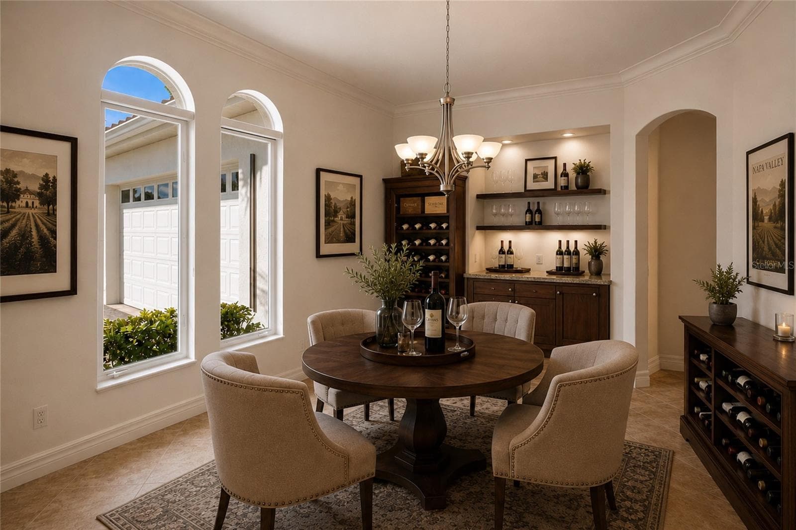 A separate dining room is conveniently located just off the kitchen and features built-in cabinetry, offering both elegance and functional storage. Shown in this photo as a wine room or lounge. The entertaining options are endless. - 8417 LONE EAGLE WAY, SARASOTA