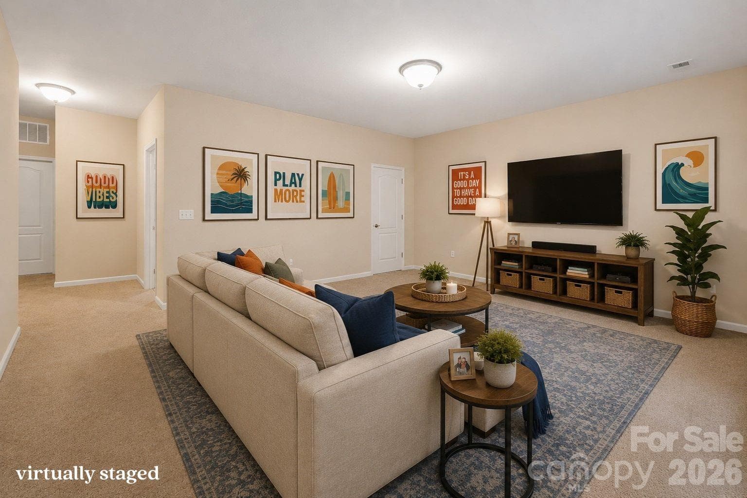 virtually staged basement family room - 878 Treasure Court, Fort Mill
