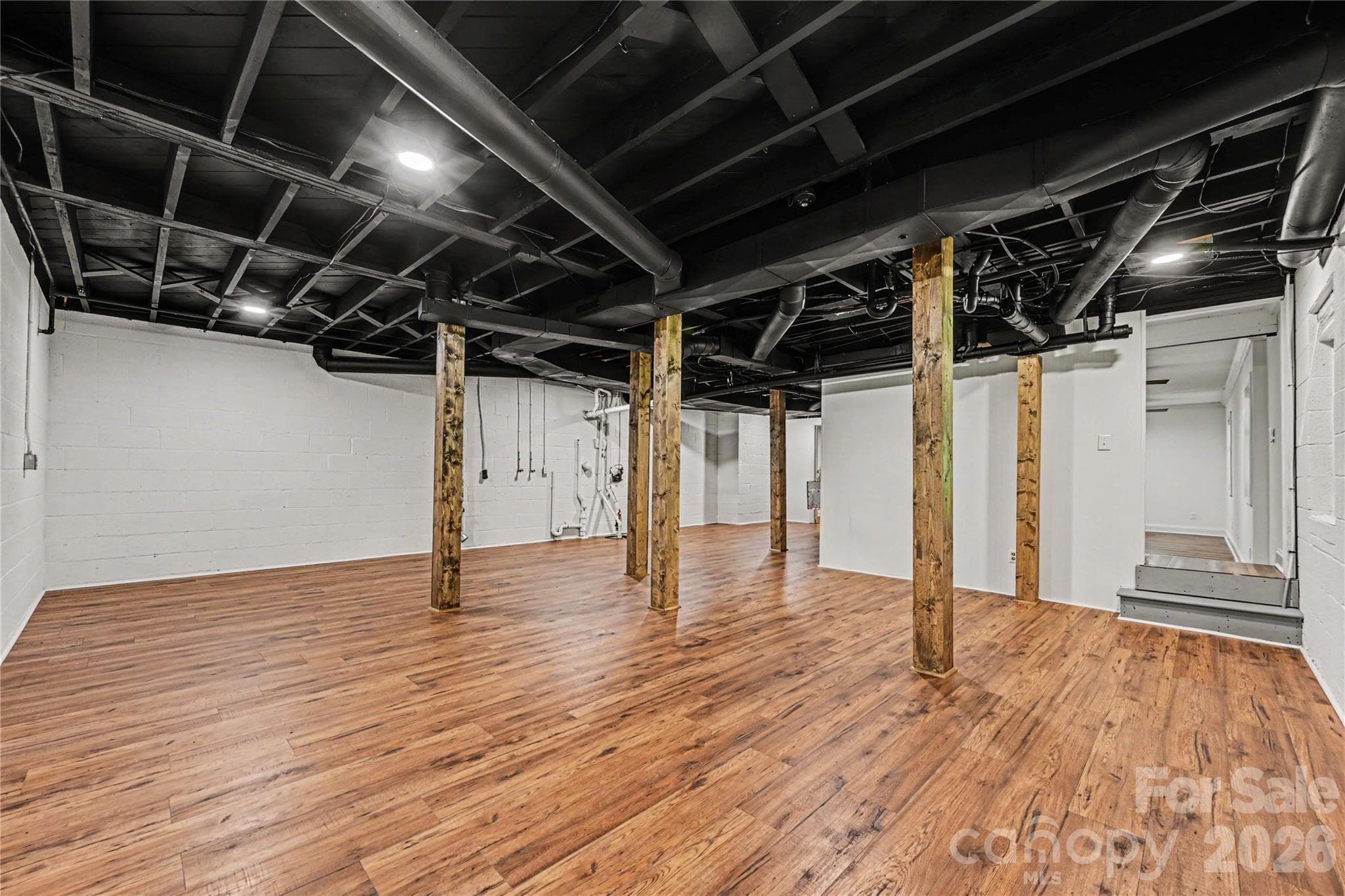 Basement Flex Space - Extensive lower level space featuring LVP flooring, wrapped columns, and room for recreation, fitness, hobbies, storage, or entertaining. - Concord
