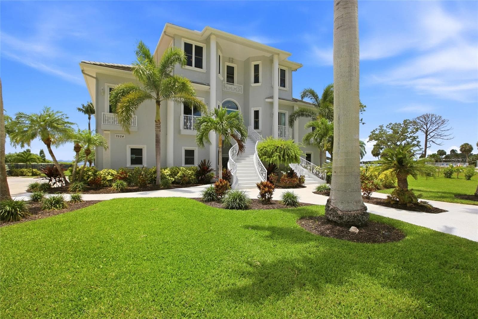 A concrete walkway framed by Royal Palms connects the 2 houses. - 7524 WESTMORELAND DR, SARASOTA