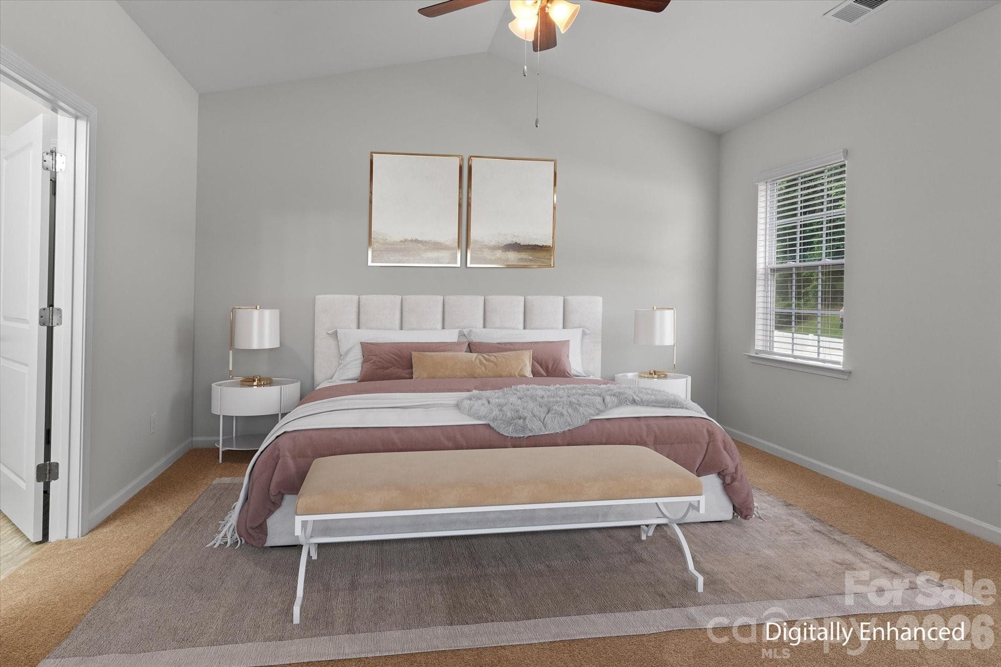 Virtually staged primary bedroom with new carpet - Mooresville
