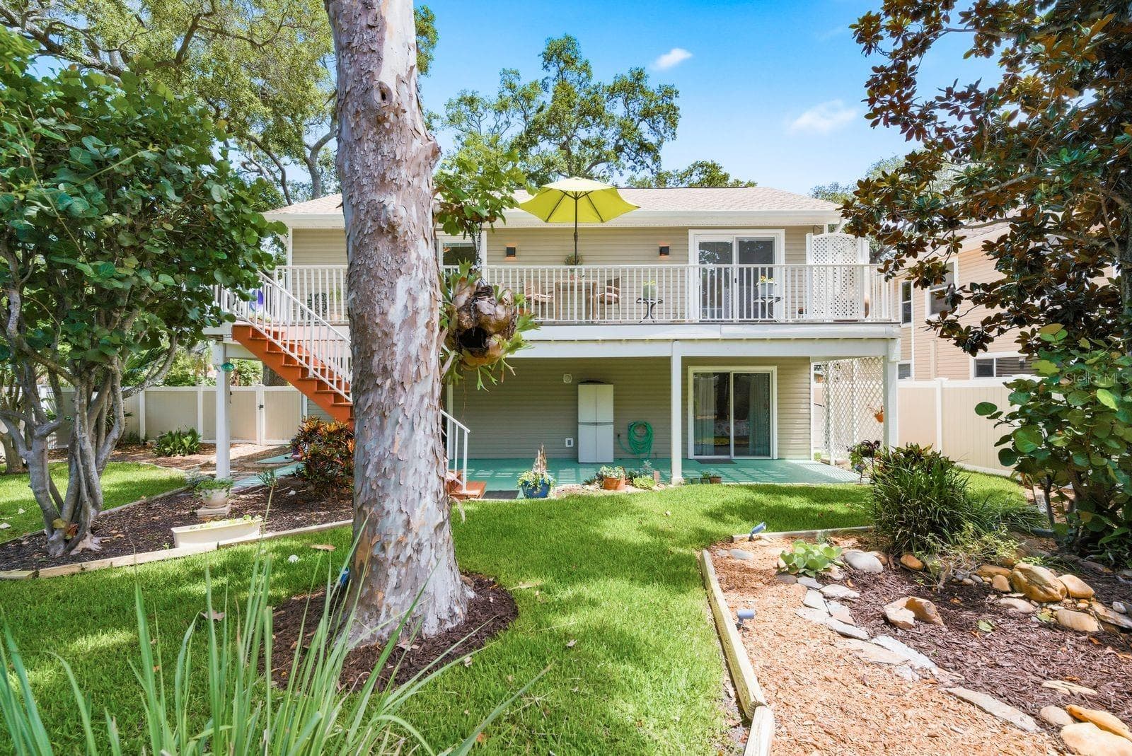 Garden with sycamore, florida wysteria, red maple, Palm tree, sea grape, hibiscus, frangipani & magnolia tree. - 755 SAN CHRISTOPHER DR, DUNEDIN