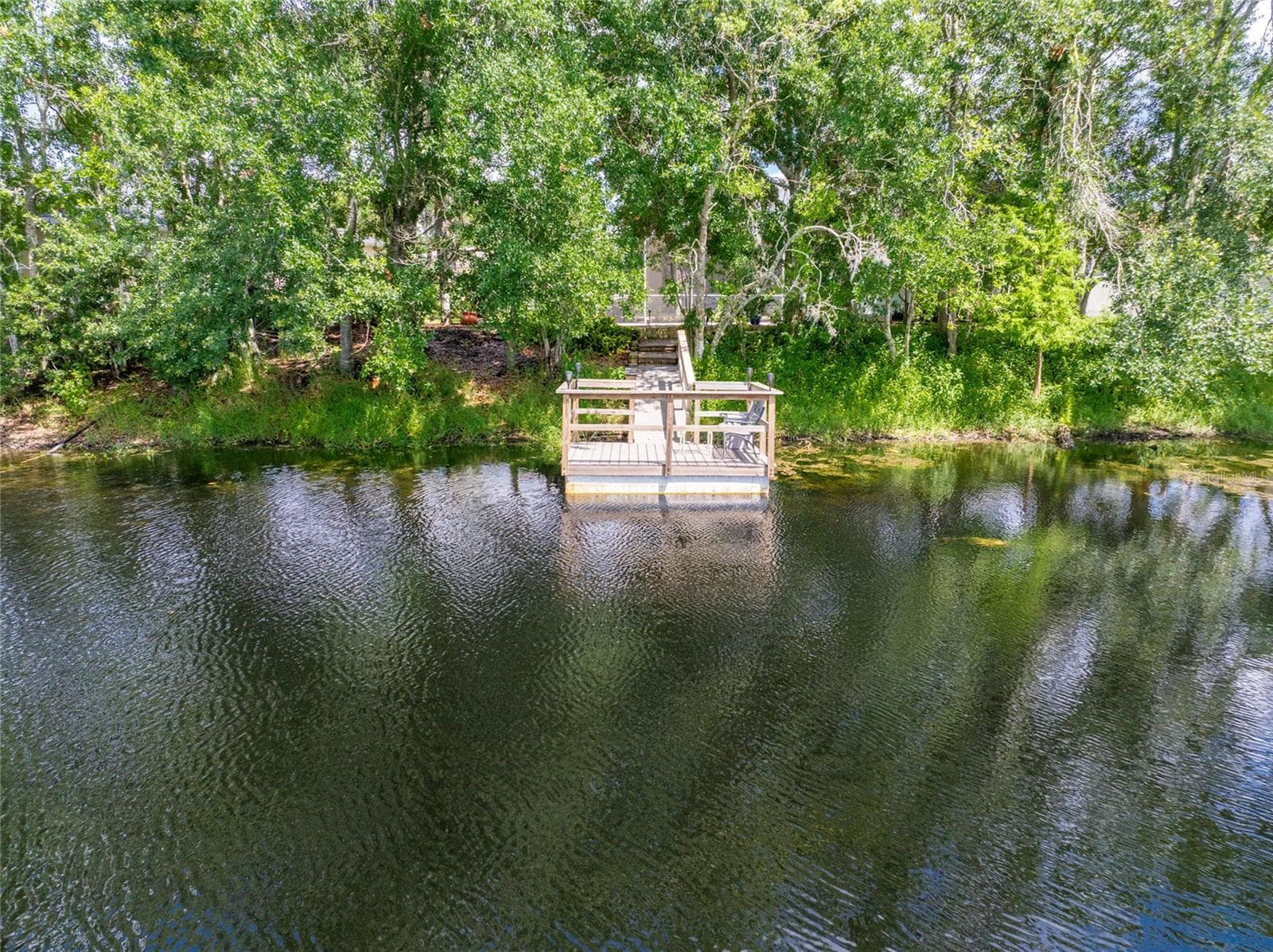 VIEW FROM CURVE LAKE ONTO DOCK AND BACK OF LANAI AND ALL BEAUTIFUL LANDSCAPED TREES - 21629 SILVER BAY PL, LAND O LAKES