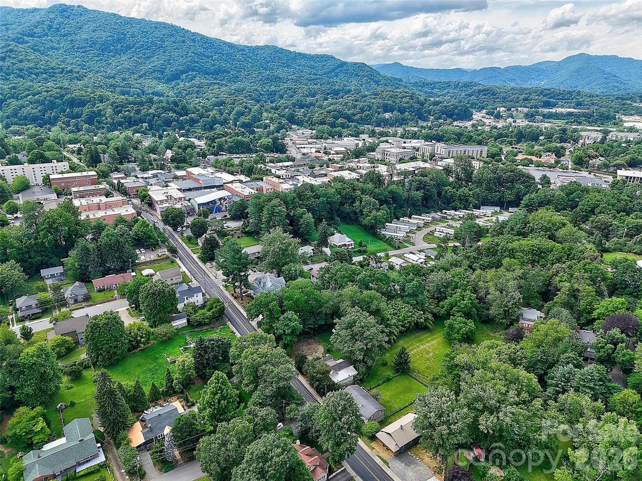 Drone image showing downtown, main street Waynesville - Waynesville