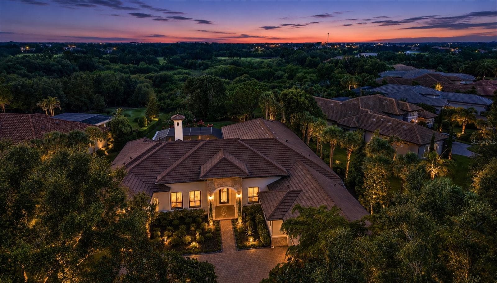 Aerial View at Twilight - 9261 MCDANIEL LN, SARASOTA