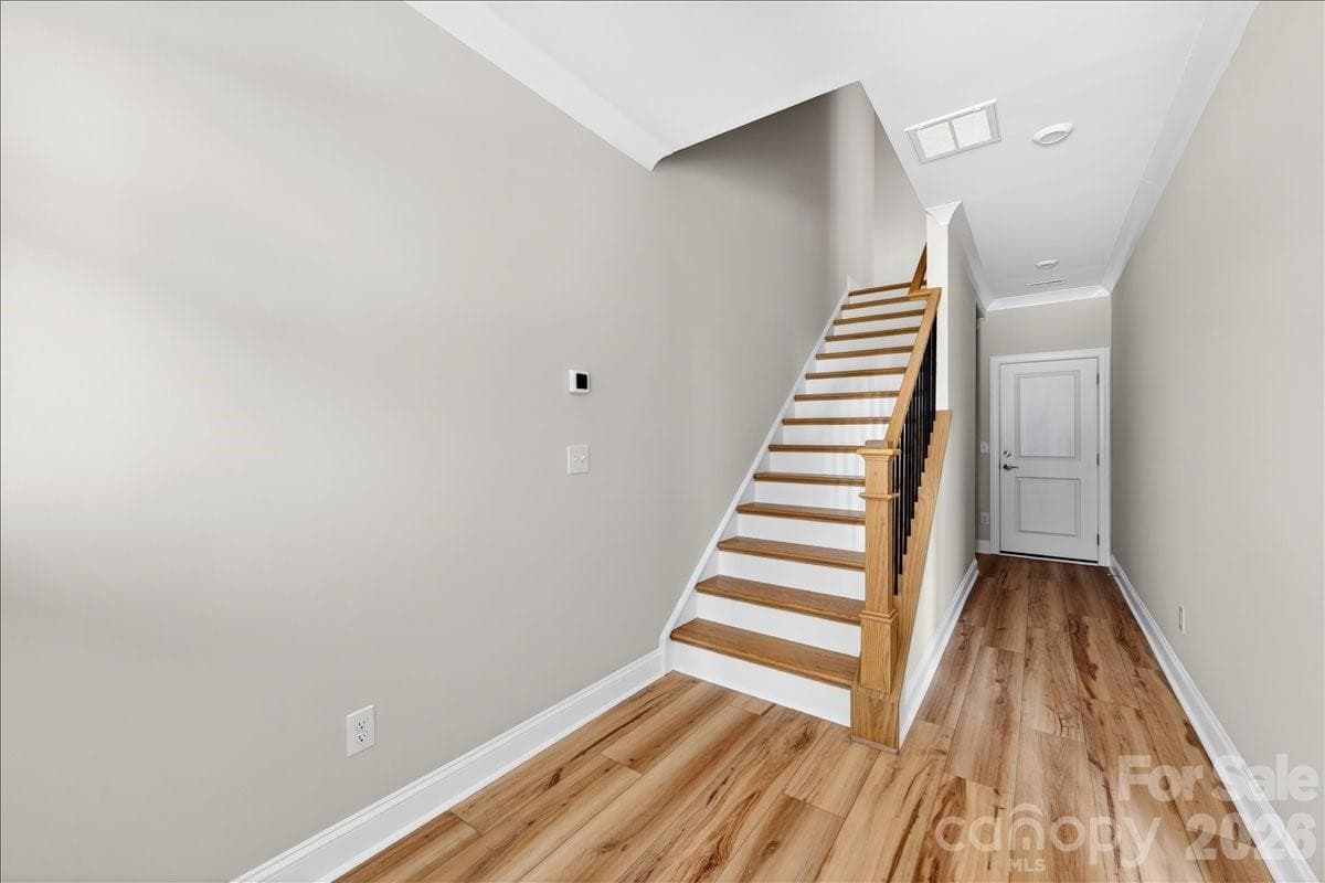 Oak box Stairs with open rails - 12015 Elsa Lane, Charlotte