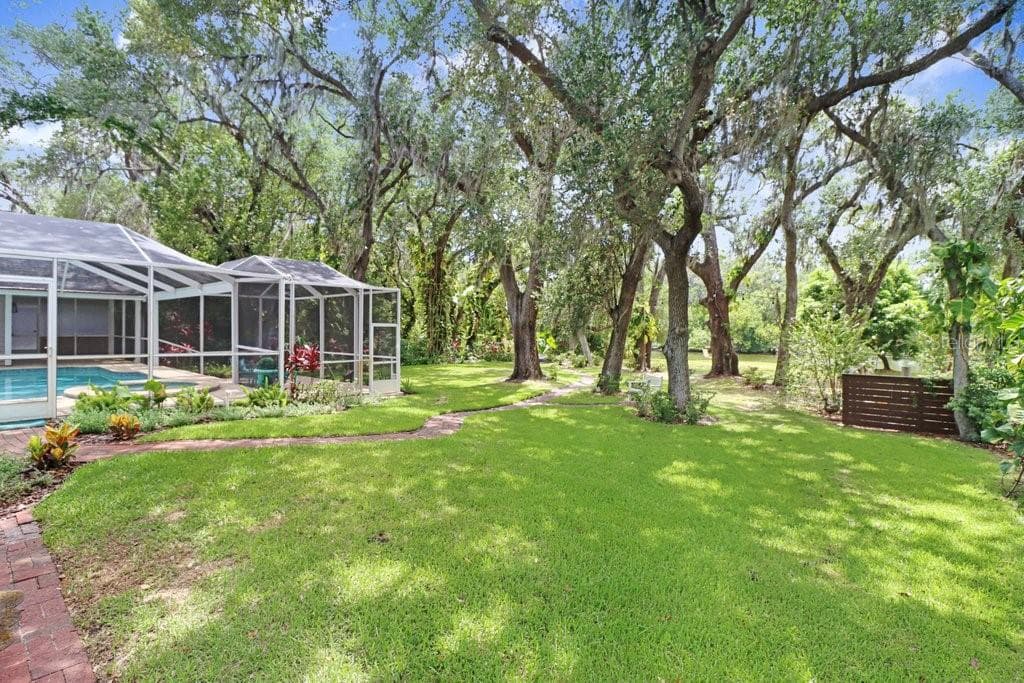 Expansive backyard with mature oak trees which includes fruit trees - mango, Florida apple and banana trees. - 1976 DUNLOE CIR, DUNEDIN