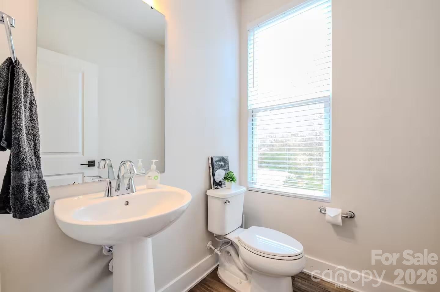 A convenient main-level powder room features a pedestal sink, abundant natural light, and modern finishes, making it ideal for guests. - 3019 Jolene Court, Charlotte