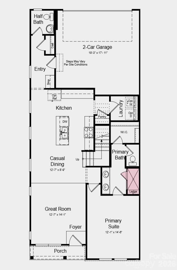 First Floor Plan - Additional Highlights Include: a shower with a ledge in the primary bathroom, a study in place of a flex room, and a slide-in gas oven range - Indian Land