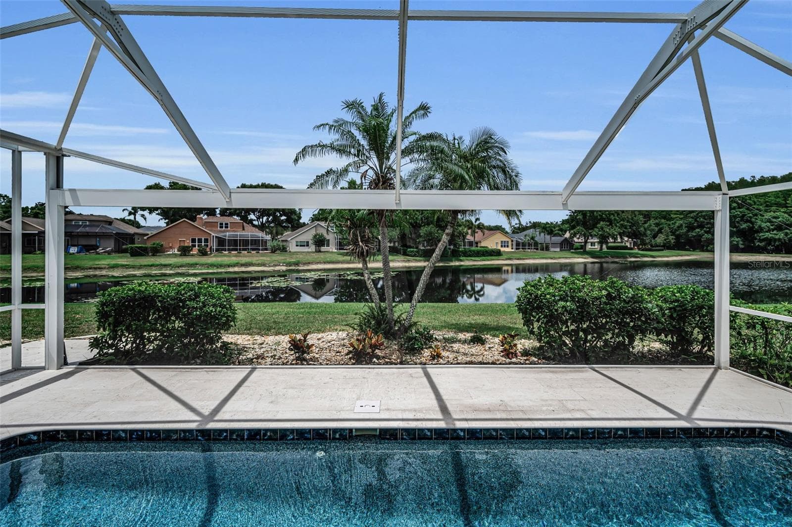 Custom Panoramic pool screen showing view of pond from pool - 4084 LIGUSTRUM DR, PALM HARBOR