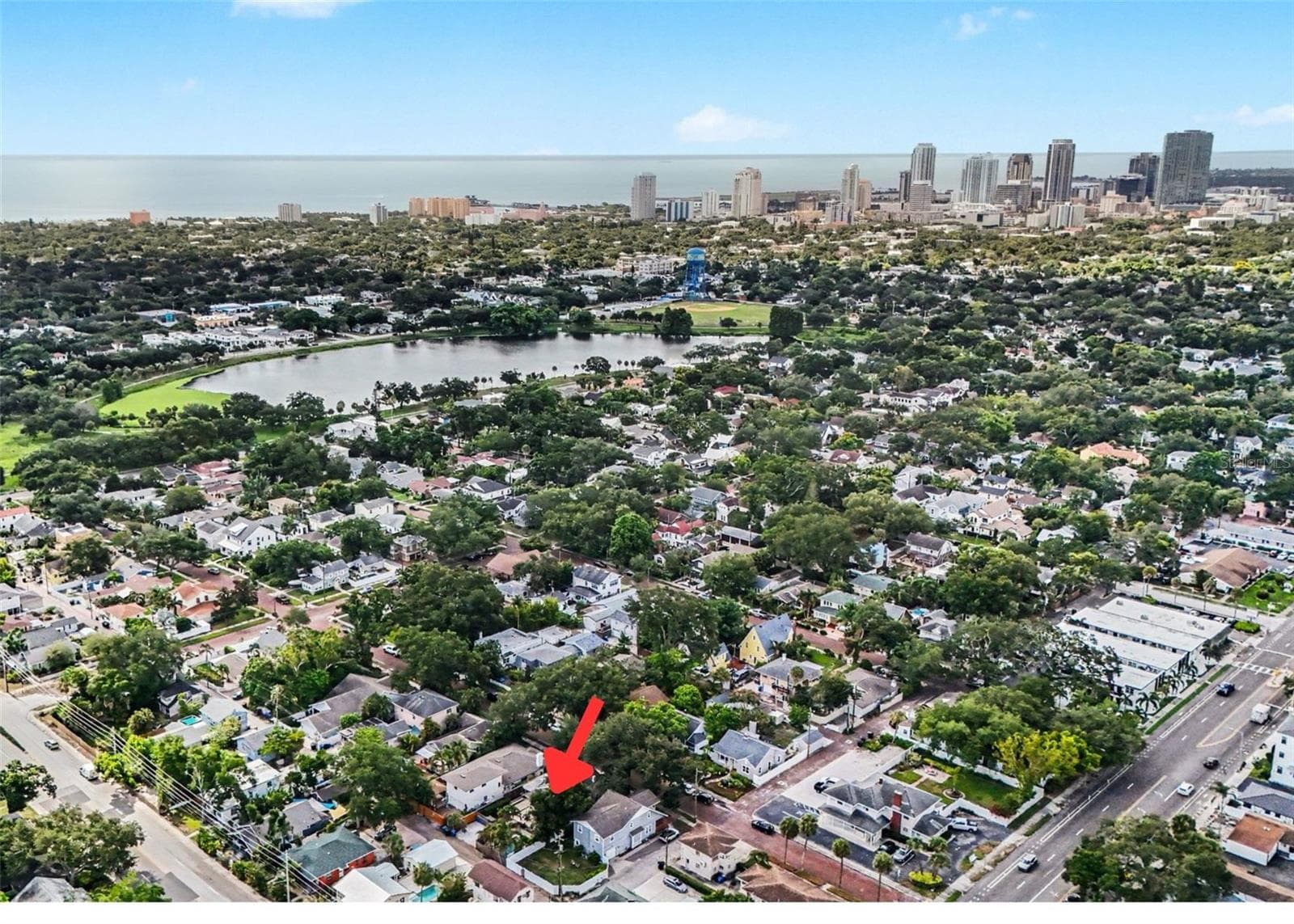 Aerial views highlight the home’s exceptional location near Crescent Lake Park, with downtown St. Petersburg and the waterfront just beyond. - 857 21ST AVE N, ST PETERSBURG