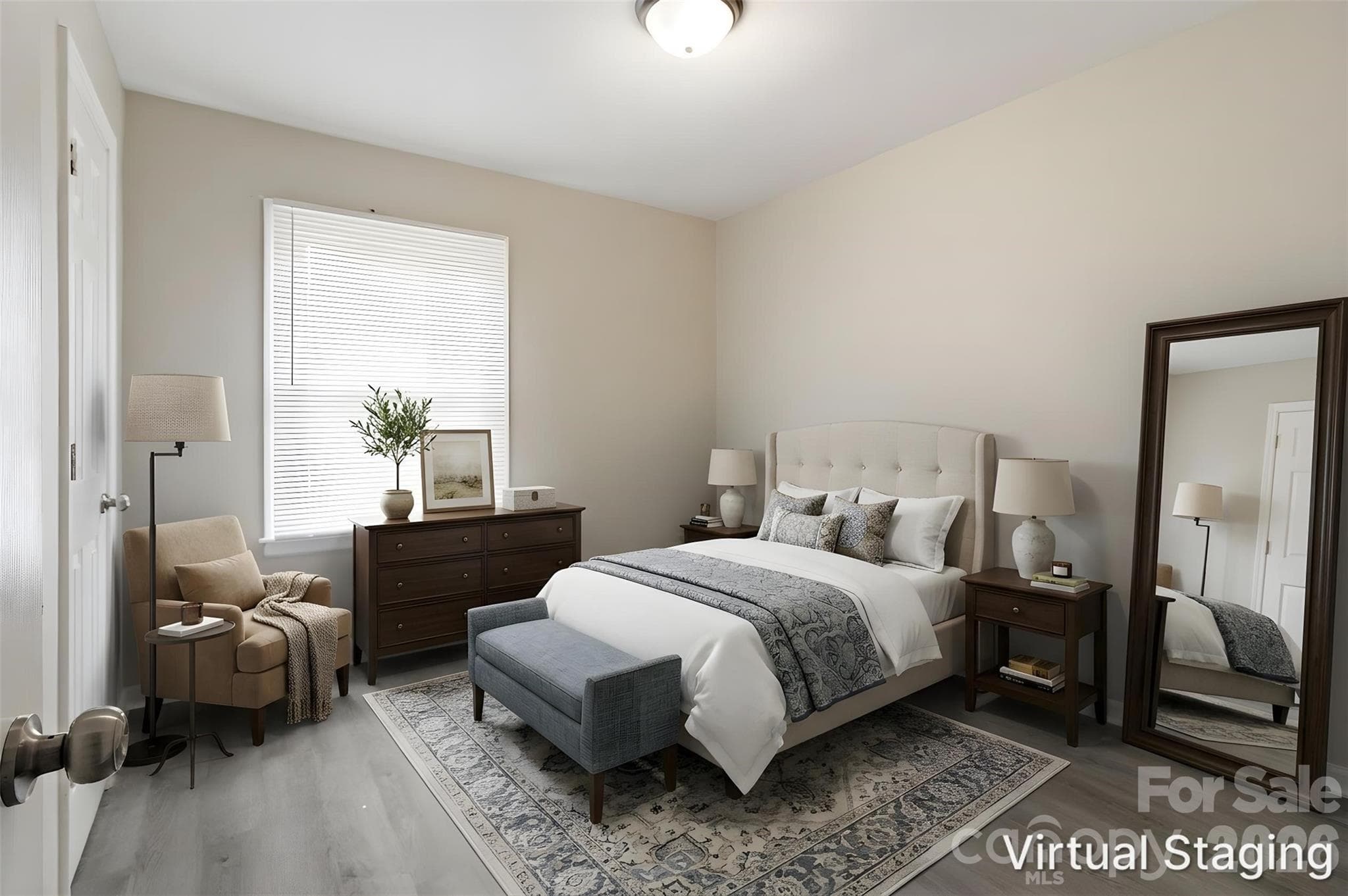 Walking into the first bedroom (virtually staged & enhanced). - Charlotte