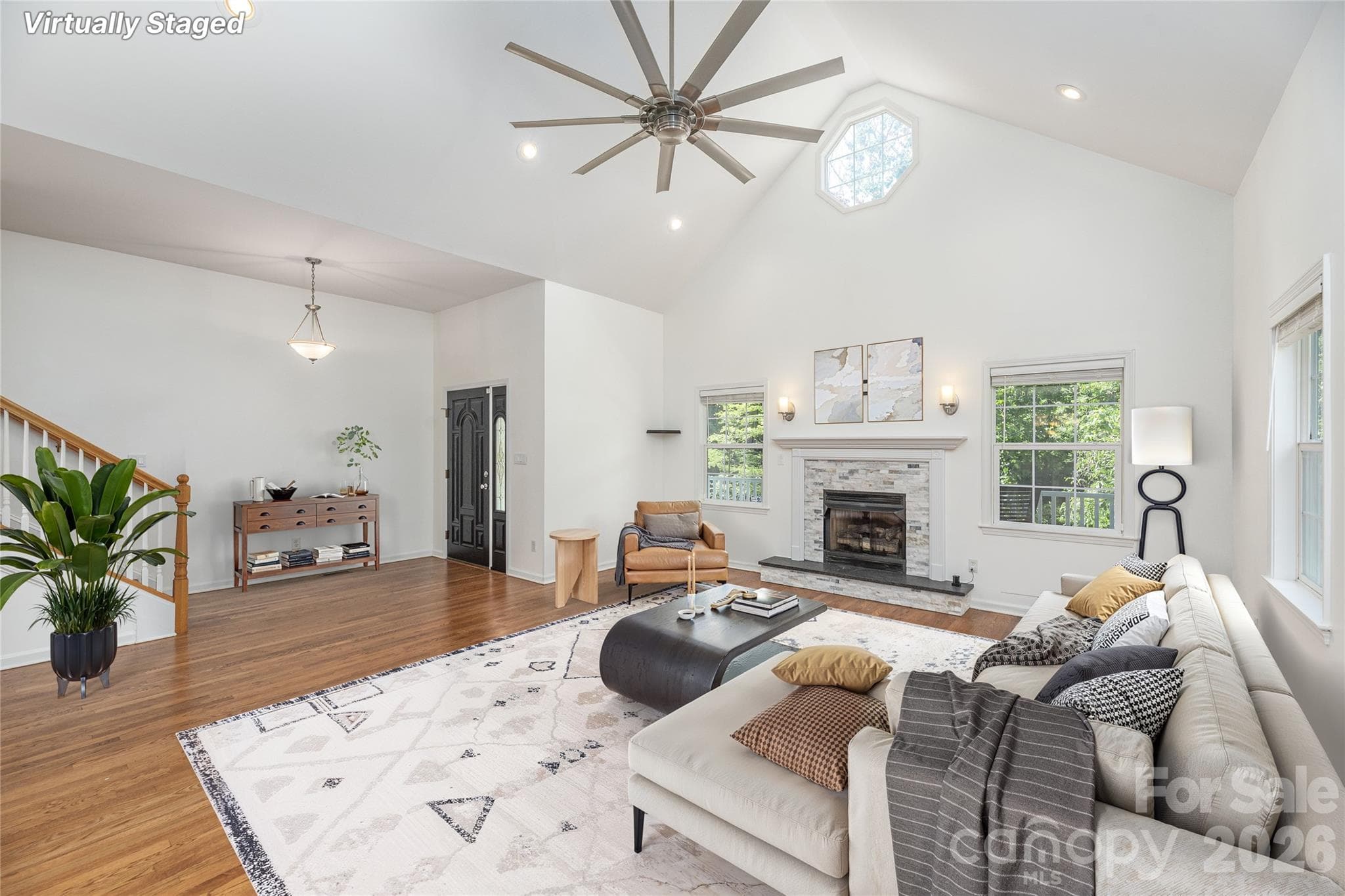 Large Living Room with Fireplace - virtually staged - 602 Hidden Springs Drive, Asheville