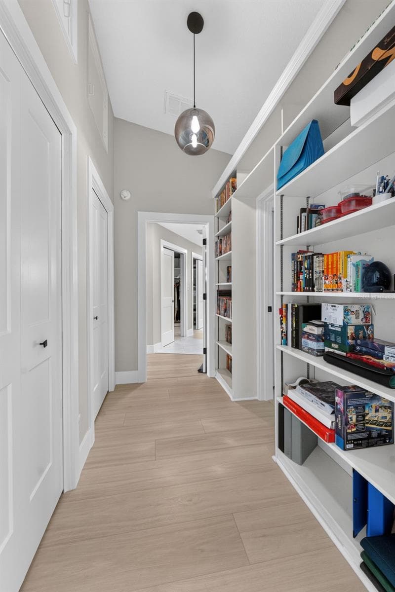 Hallway featuring built-in shelving and extra closet space, leading to Bedroom 2 and the luxurious primary suite - 2936 68TH AVE S, ST PETERSBURG