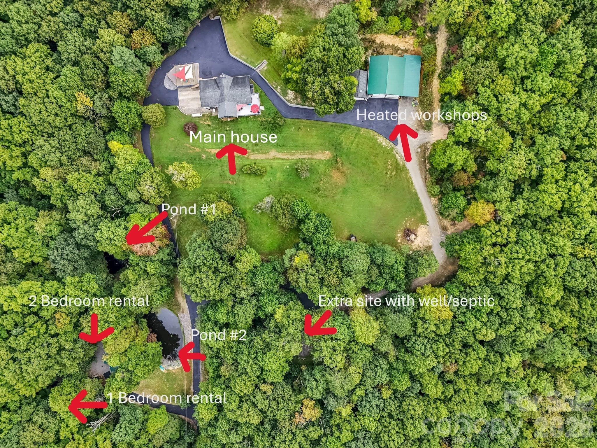 Arial showing locations of main house, workshops, rentals, and extra site - 97 Whippoorwill Lane, Fairview