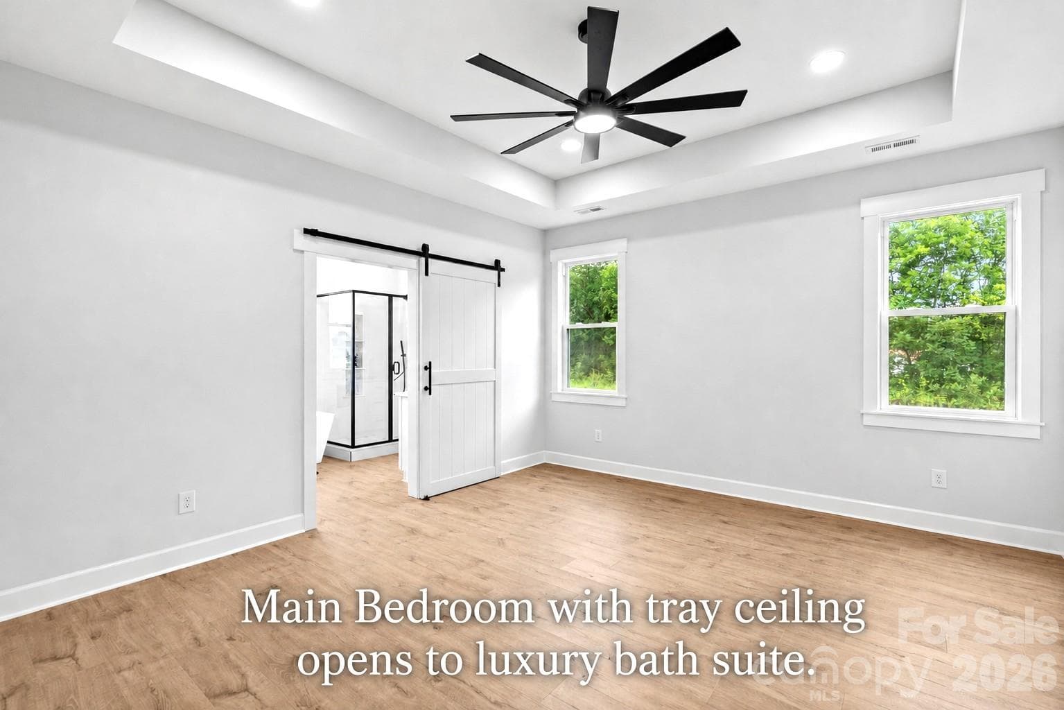 Main Bedroom with 10 ft Tray ceiling & farm door to Bath suite. - 1205 Coppergate Drive, Salisbury